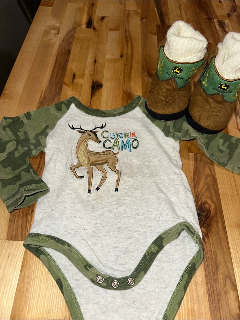 John Deere Green Camo Sleeve Bodysuit and Slippers